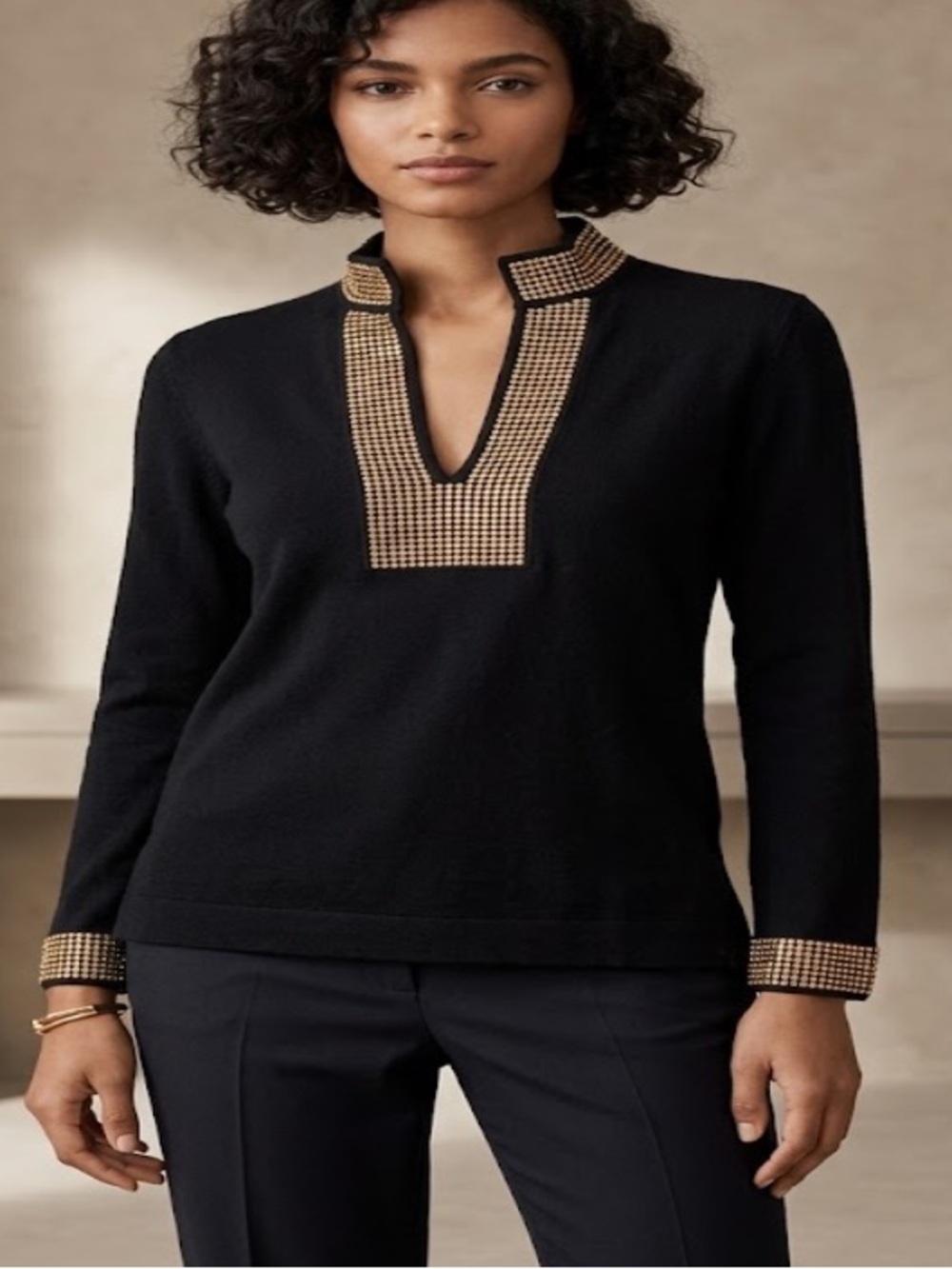 Tory Burch merino wool V-Neck Sweater with Gold gemstones Trim